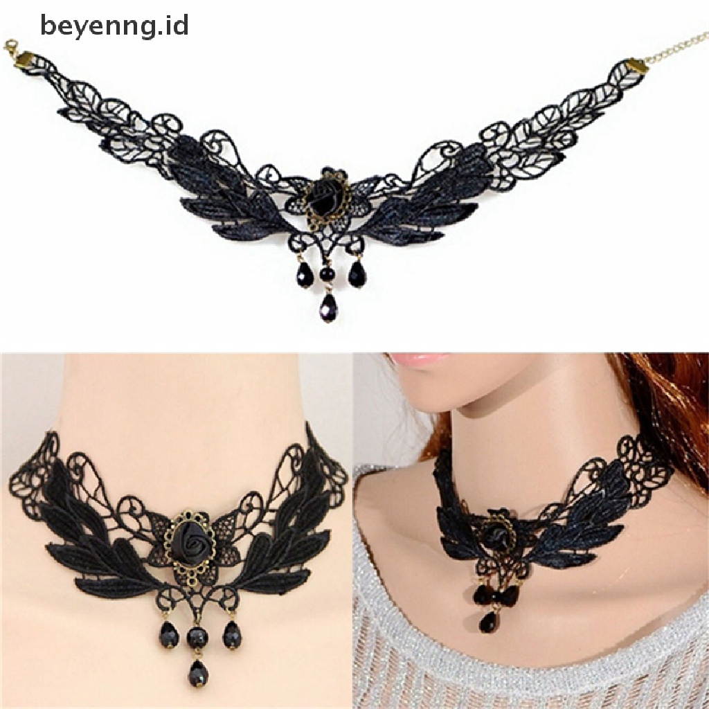 Beyen Baru Wanita Hitam Mawar Teardrop Manik Liontin Renda Choker Lolita Kerah Kalung ID