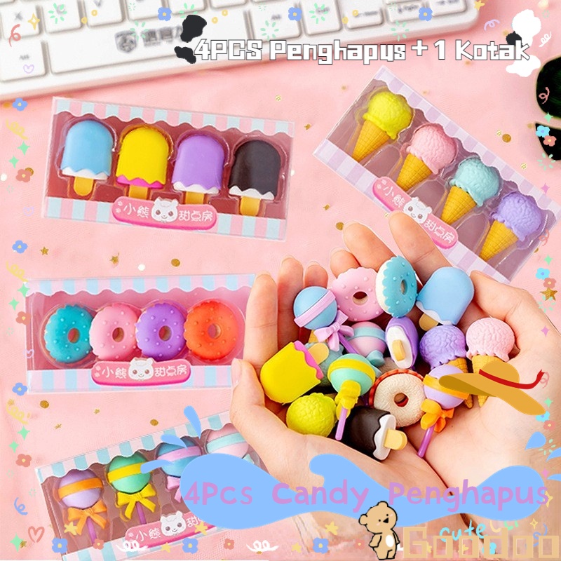 4PCS / SET Penghapus Motif Ice Cream donat Lollipop Popsicle / Penghapus Lucu Set/Penghapus Mini/Hadiah Alat Tulis /Perlengkapan Sekolah