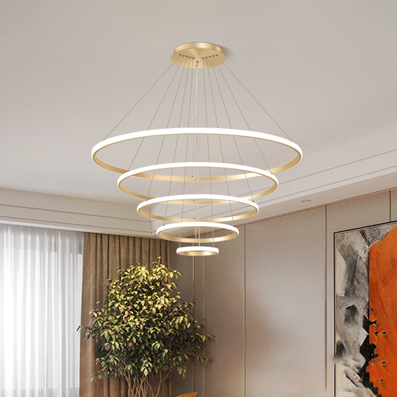 Golden LED Lampu Gantung Ring LED 5 RING 100cm REMOTE CONTROL GOLD  Minimalis Modern Ruang Tamu Untuk Kamar Tidur 3 Warna 360Watt