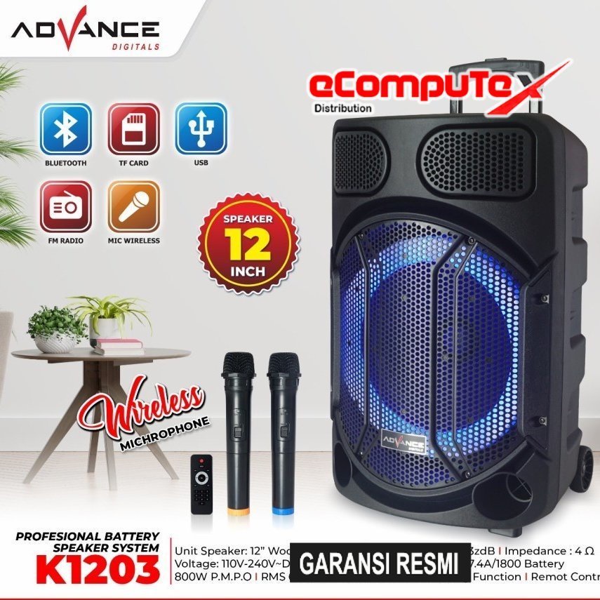 SPEAKER KARAOKE ADVANCE 12&quot; K-1203 SPEAKER BLUETOOTH KARAOKE 12 INCH K1203 GARANSI RESMI