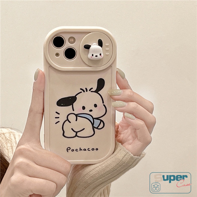 IPHONE Pasangan Casing Ponsel Kompatibel Untuk Iphone7 8 Plus11 13 12 Pro MAX XR X XS MAX Lucu Pochacco Lembut TPU Kartun 3D Boneka Push Pull Jendela Penutup Pelindung Lensa Kamera
