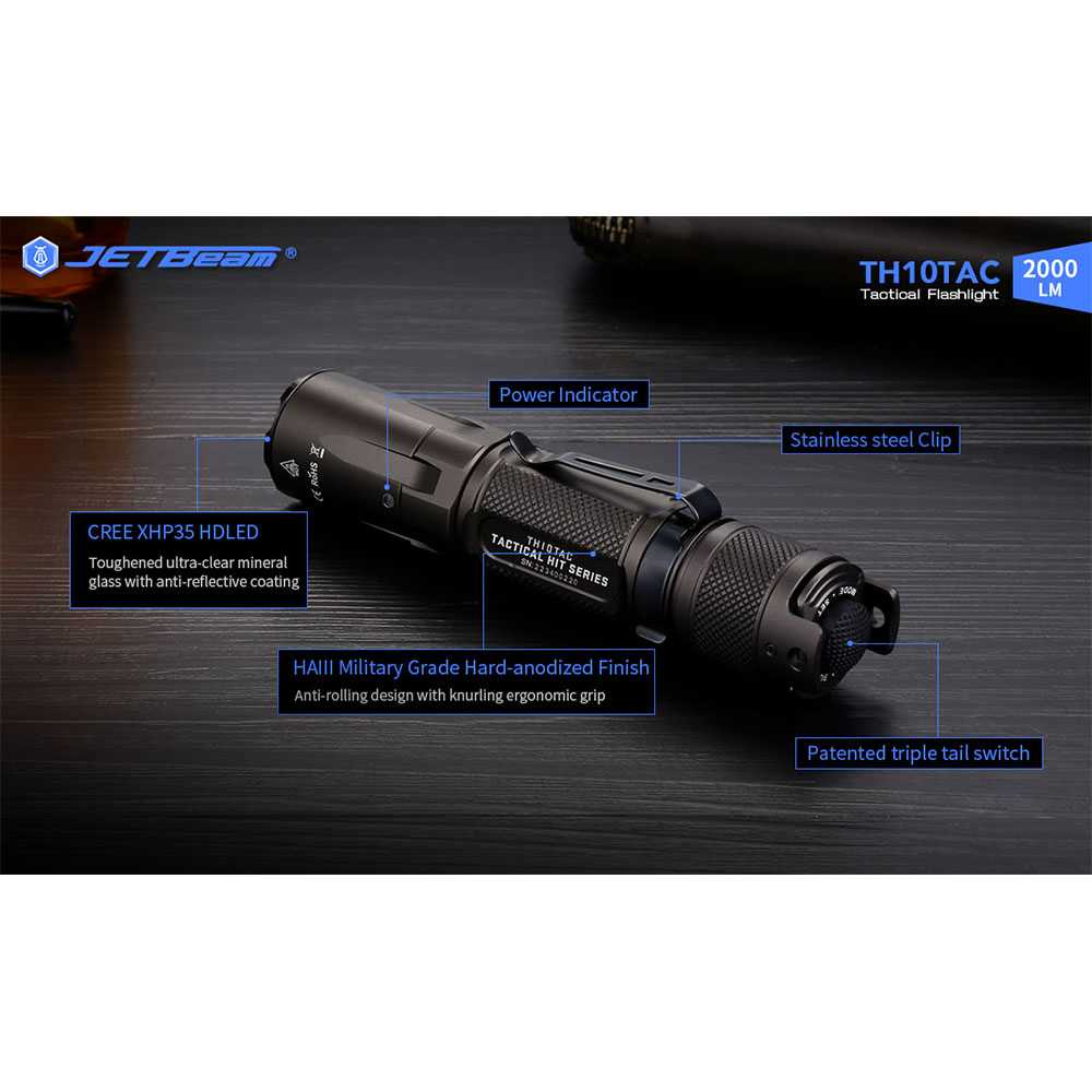 JETBeam Senter LED Tactical Flashlight CREE XHP35 HD 2000 Lumens - TH10TAC