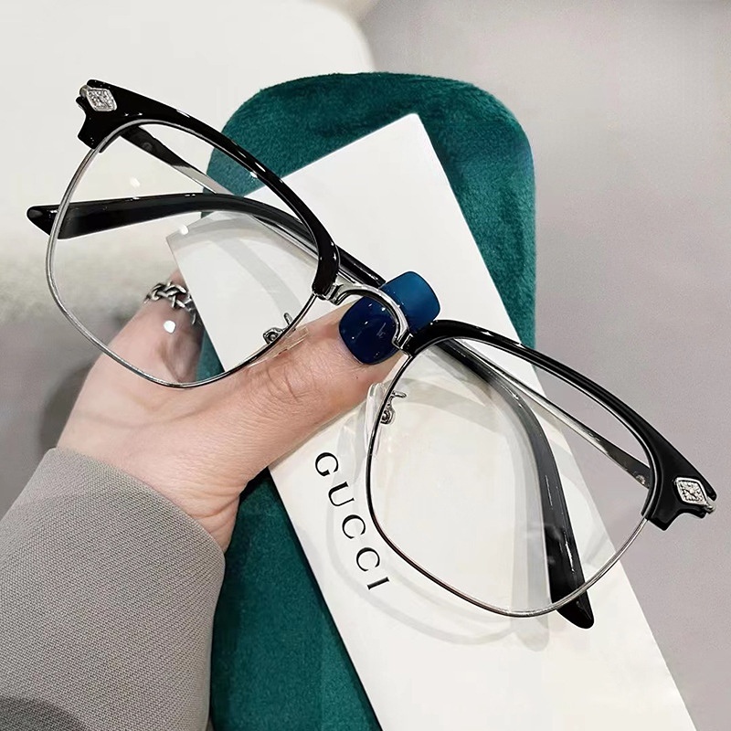 (YUZHU) Kacamata Bingkai Alis Logam Pria Oversized Square Frame Anti Blue Light Eyeglasses Women Dapat Dilengkapi Dengan Half Frame Eyeglasses