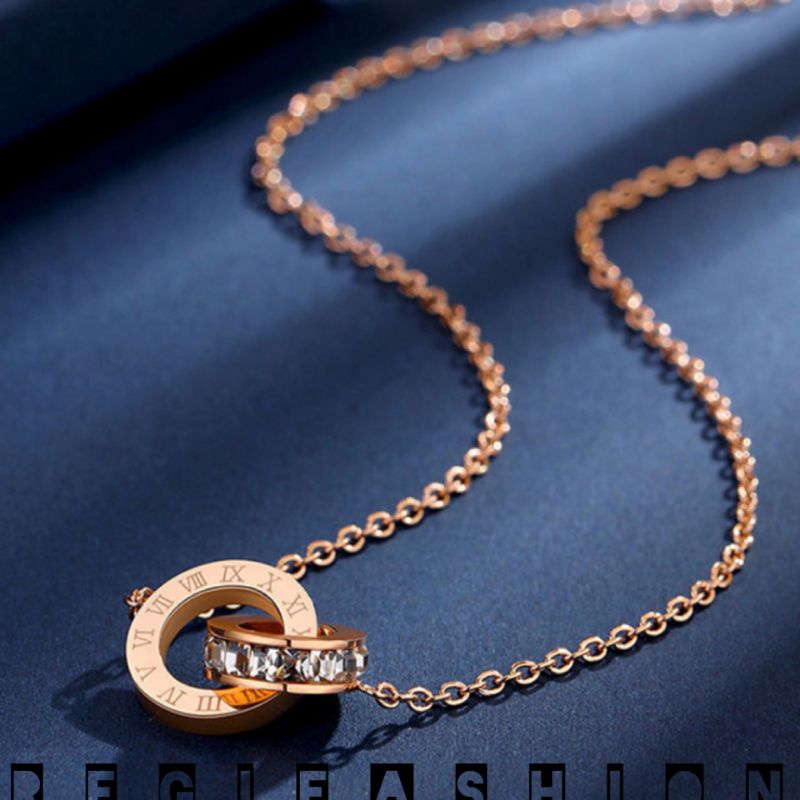 { COD } Kalung Titanium Wanita Korea Emas Lapis 18K Kalung Wanita Liontin Ring Permata Tanam Kalung Wanita Anti Karat Tidak Luntur