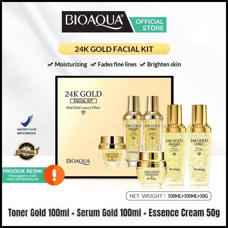 BIOAQUA 24K Gold Facial Kit Paket Skin Care | Gold Toner 100ml+Gold Serum 100ml+Essence Cream 50g