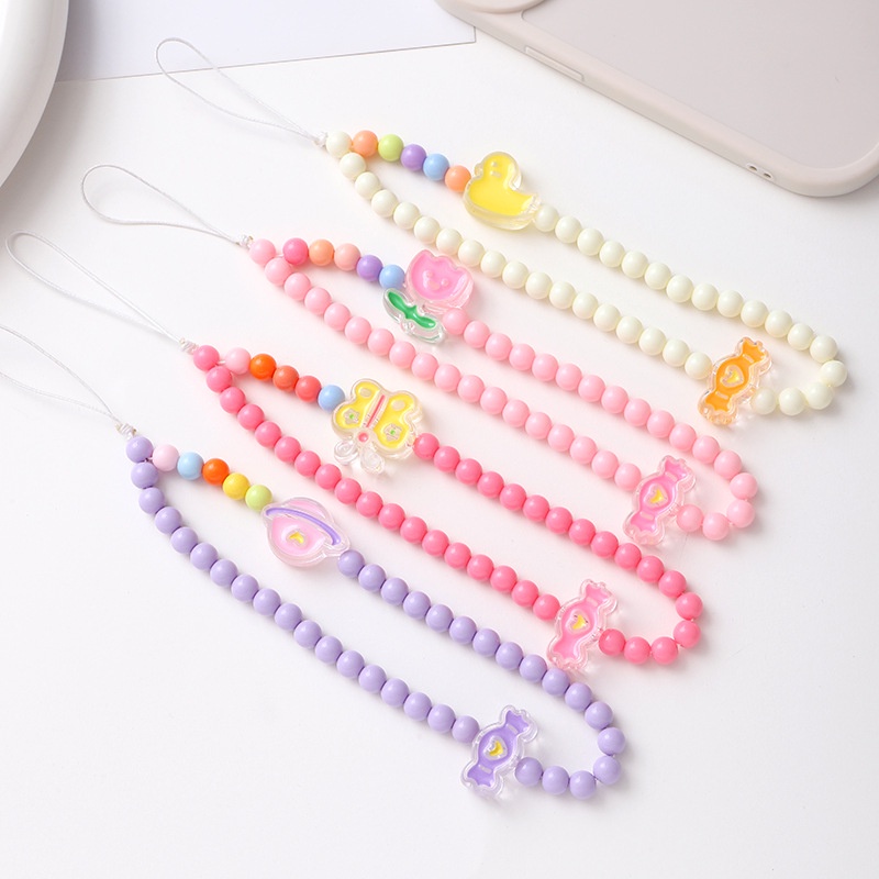Kartun Enamel Tulip Bebek Kuning Kupu-Kupu Planet Akrilik Bulat Manik-Manik Rantai Untuk iPhone Android OPPO VIVO Huawei Xiaomi Redmi Samsung Semua Ponsel Earphone Case Tali Gelang