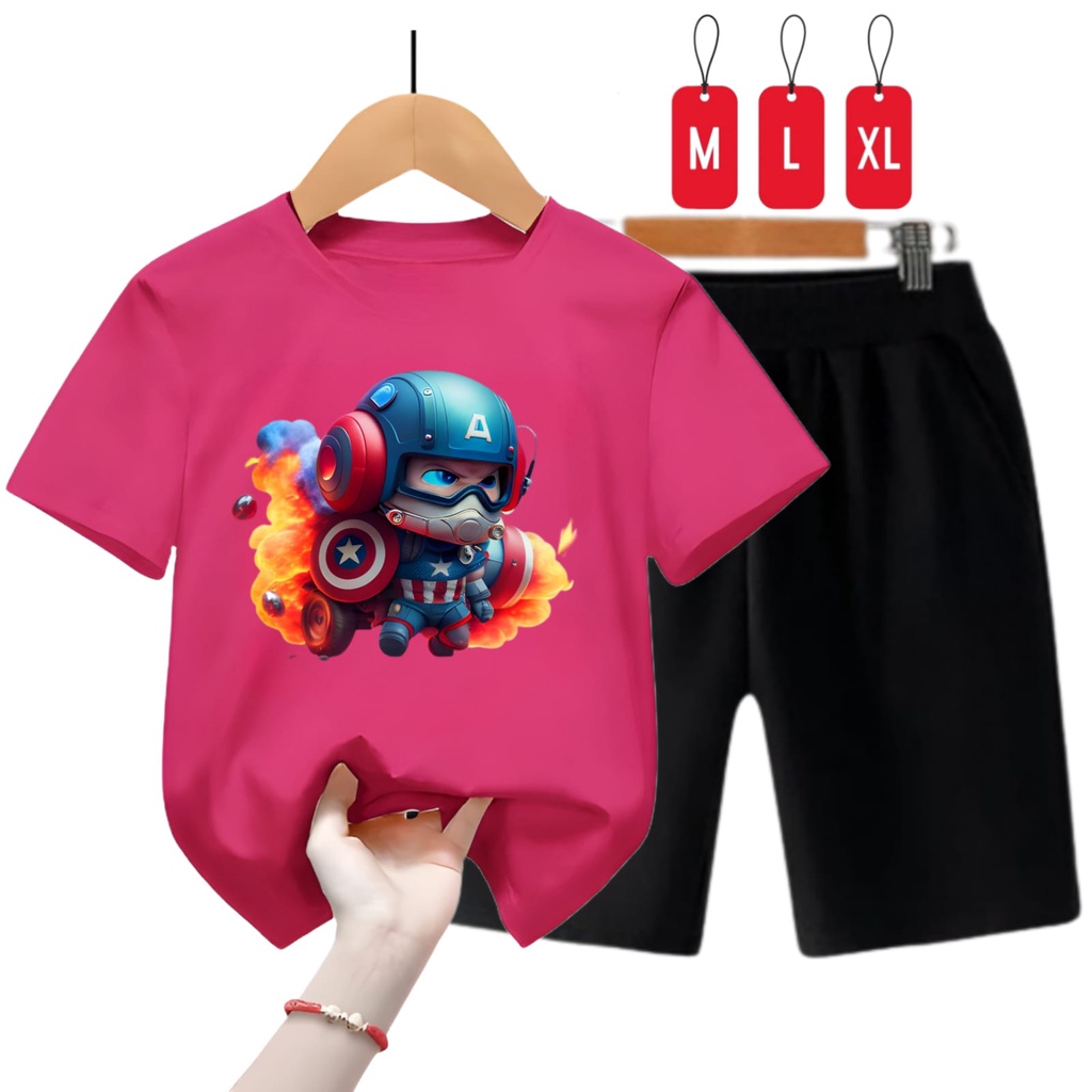 Hzl_outfit Kaos Setelan Anak Laki Laki Baby Captain America/ Setelan Kaos Anak Anak