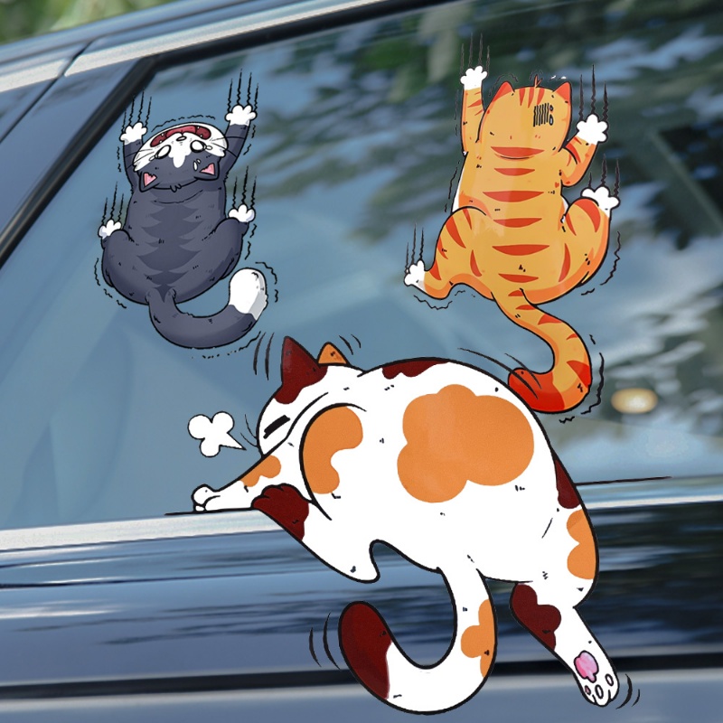 3pcs/set Climbing Cats Animal Styling Stickers/Perekat Diri Kartun Kucing Scratch Cover Decals/Aksesoris Dekorasi Body Mobil