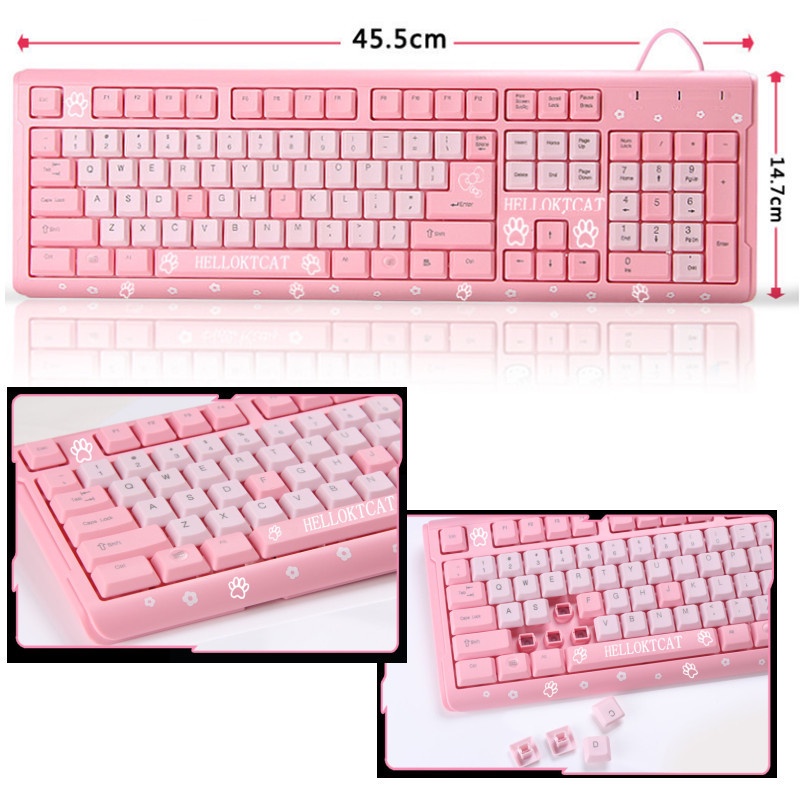 Kitty Keyboard Lucu Pink USB Keyboard Kabel Ultra-Tipis Tahan Air 104tombol Keyboard Gaming Keyboard Kantor