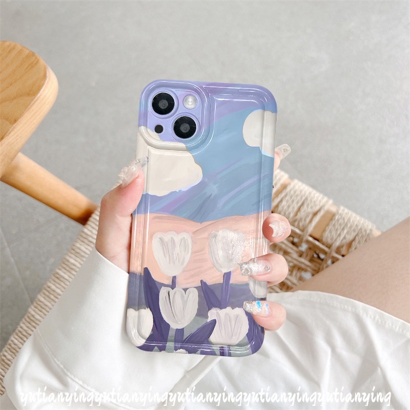 IPHONE Case Bunga Lukisan Cat Minyak Kompatibel Untuk Iphone11 13 12 14 Pro MAX 7Plus XR 6 6S 8P Plus X XS MAX Shockproof Airbag Fresh Art Flower Tulips Soft TPU Silicon Clear Phone Back Cover