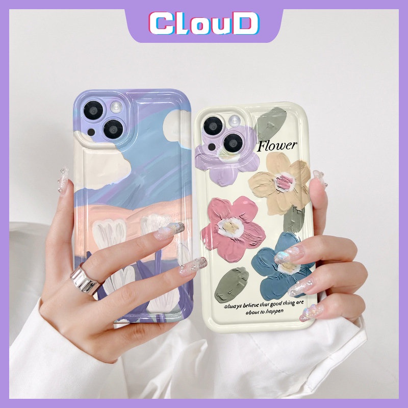 IPHONE Lukisan Cat Minyak Bunga Shockproof Airbag Case Kompatibel Untuk Iphone6 7plus11 13 14 12 Pro Max X XR XS Max 6s 8plus SE 2020 Art Fresh Flower Tulips Back Soft TPU Phone Cover