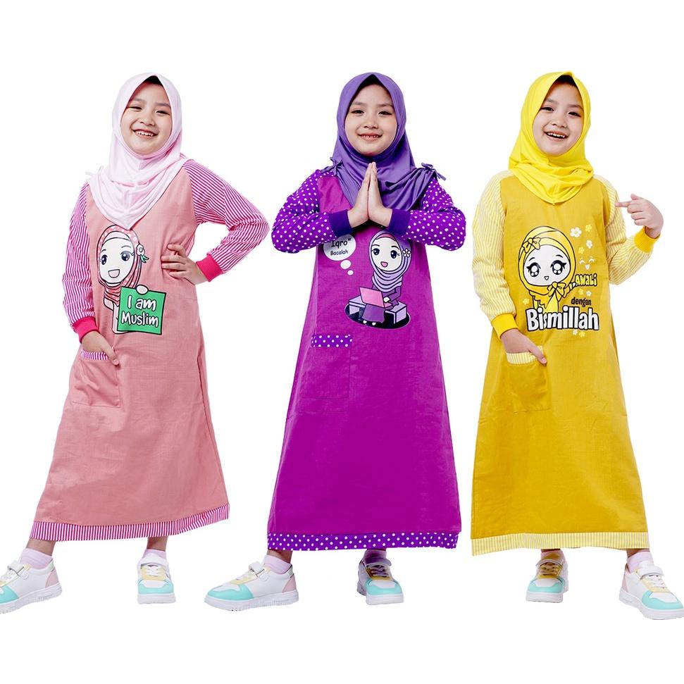 LANGSUNG KIRIM Baju Muslim Anak Perempuan Gamis Katun Cigaret Lengan Motif - Dungdungkids (Tanpa Jil
