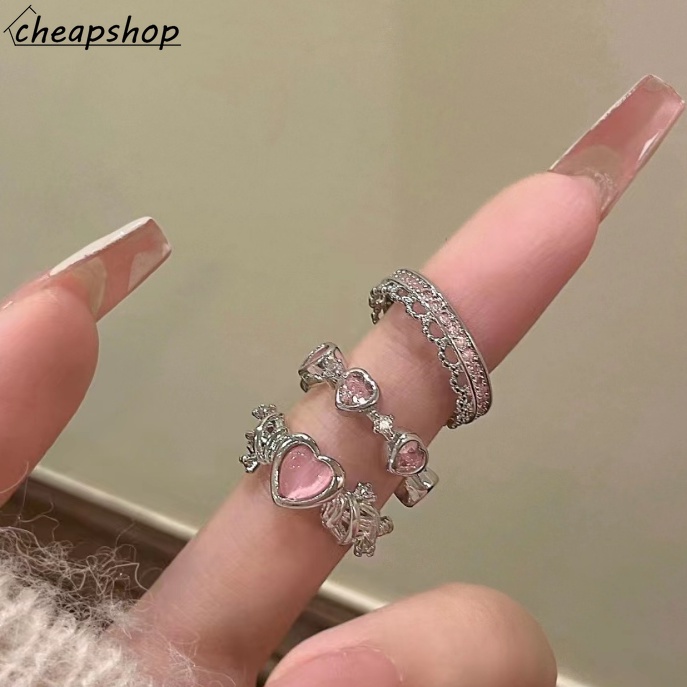 IFYOU Cincin Hati Zirkon Pink Untuk Wanita Pembukaan Yang Dapat Disesuaikan Silver Ring Aksesoris Perhiasan