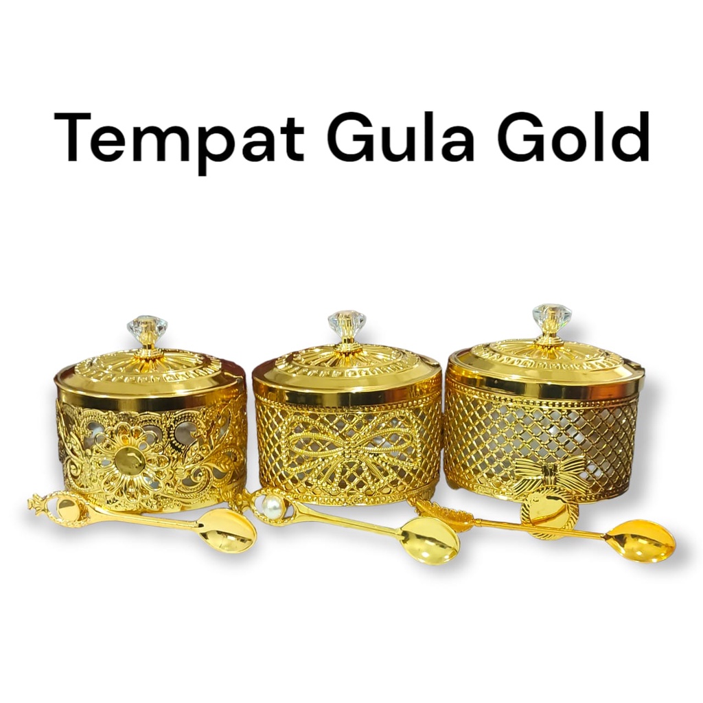 Tempat Gula/Bumbu Kaca &amp; Sendok Emas Gold