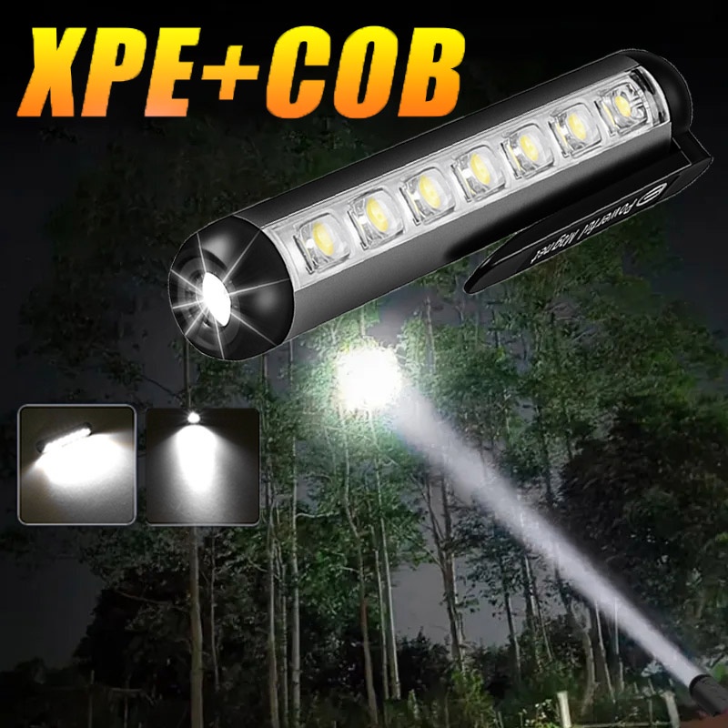 4mode Senter Genggam Tahan Air Isi Ulang USB Dengan Pen Klip Magnet COB XPE Torch Super Terang Portable Mini Multifungsi Untuk Hiking, Camping, Emergency Type-C