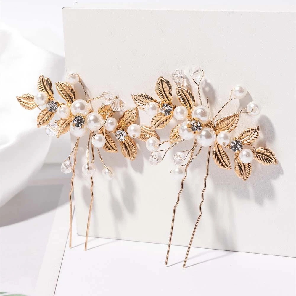 [HOT Sale] Pengantin Berlian Imitasi Mutiara Daun Sederhana Aksesoris Rambut Elegan Hiasan Kepala Rambut Stik Ponytail Holder Hair Clip Sisir Rambut Hair Pin U-shaped Pin Korean INS Style