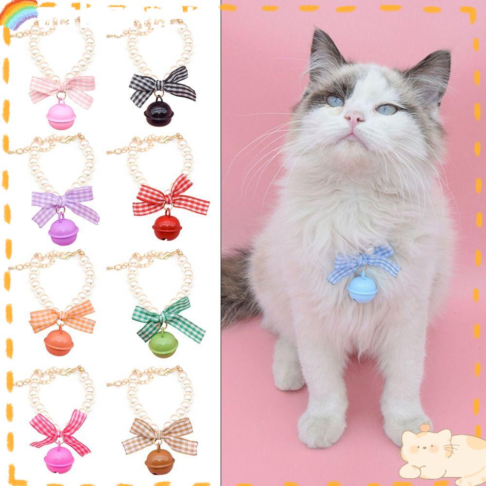 Solighter 2PCS Pet Mutiara Kerah Produk Hewan Peliharaan Lucu Adjustable Puppy Aksesoris Bow Dog Bell