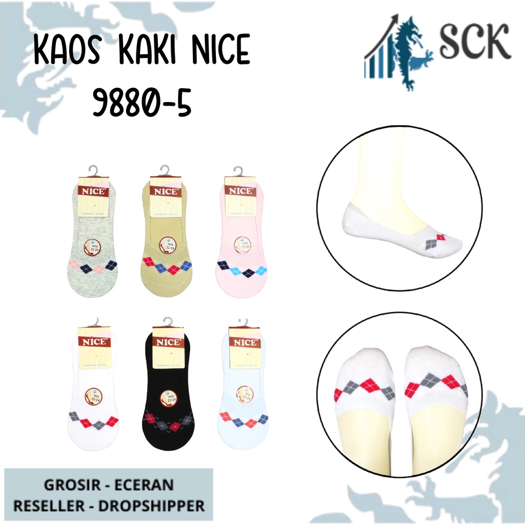 Kaos Kaki Wanita NICE 9880-5 Tumit MOTIF LUCU / Kaus Kaki Wanita / Invisible Socks Bawah Mata Kaki Cewe - sckmenwear GROSIR