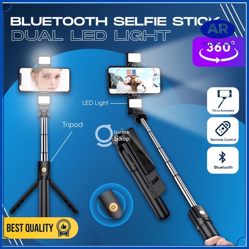 AR Selfie stick R1S tongsis 4in1 plus Remote Control Bluetooth Tripod Plus Lampu Flash