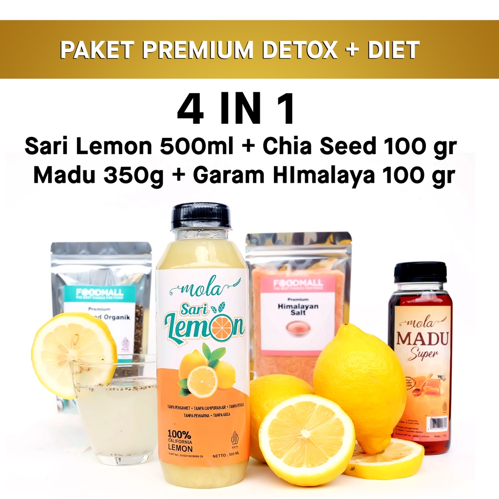 Paket Premium Detox &amp; Diet 4 in 1 | Sari Lemon 500ml + Madu 350gr + Chia Seed 100gr + Garam Himalaya 100gr