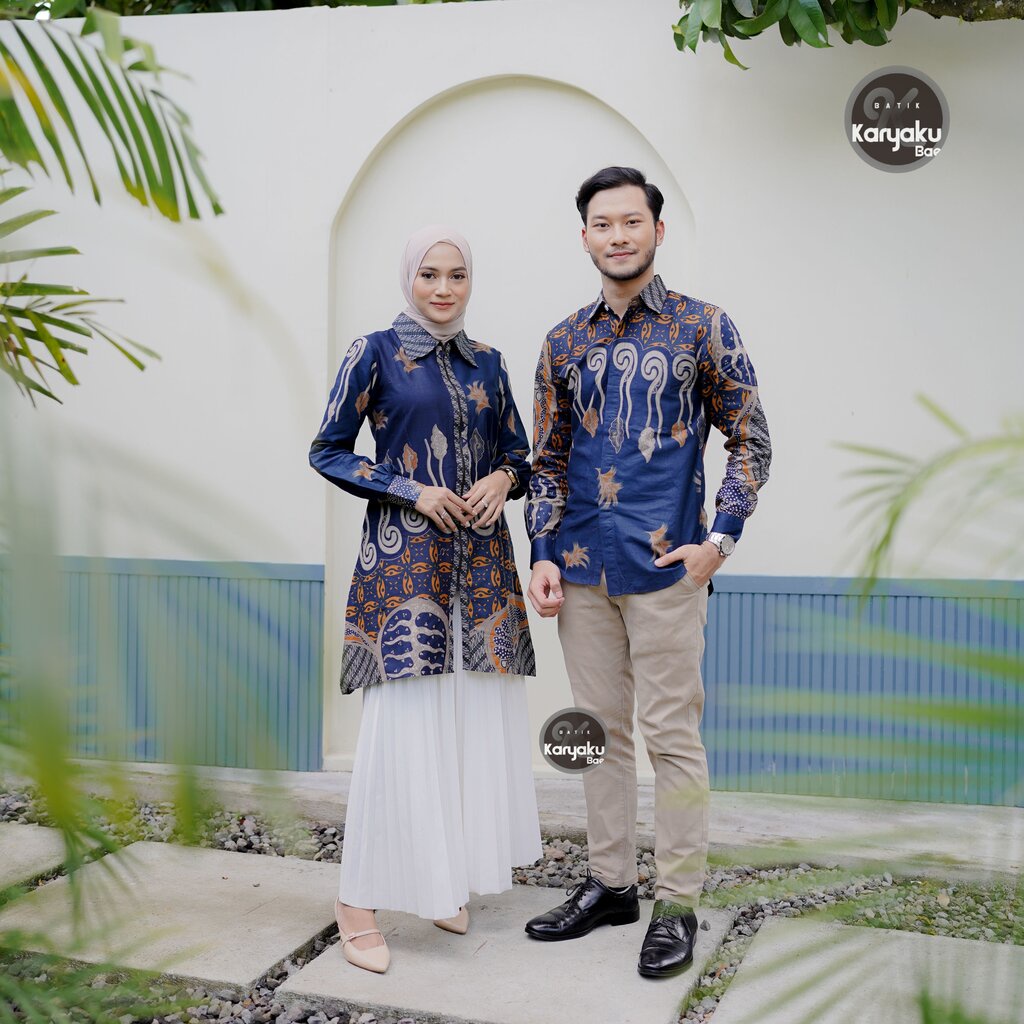 BATIK COUPLE TUNIK ZIPPER RESLETING KEMEJA PANJANG BIRU NAVY KARYAKU BAE