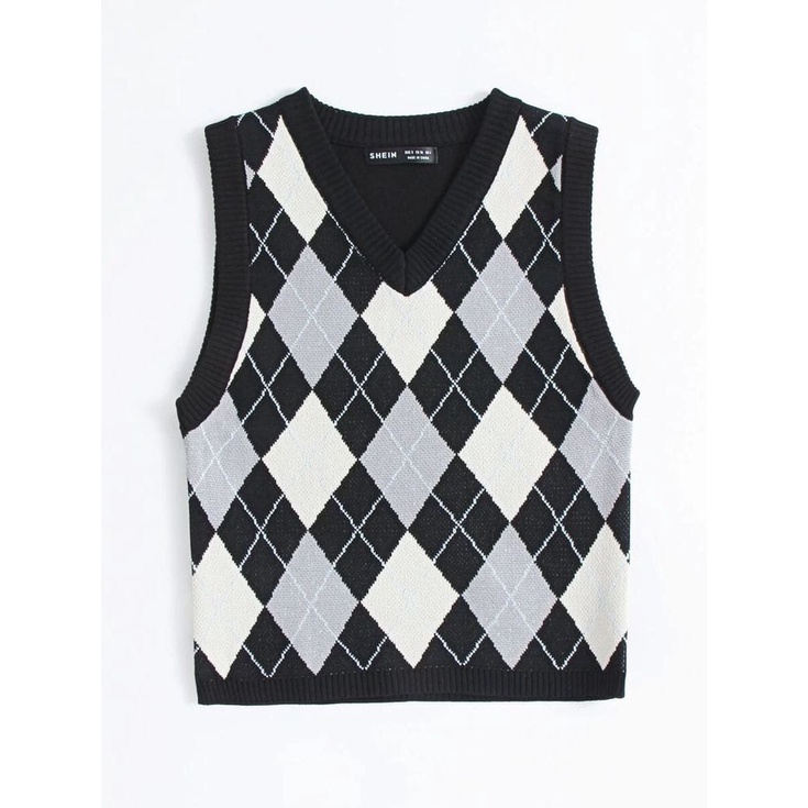 Vest Rajut Rompi Rajut Kotak Kotak/argyle Korea Gaya Retro Vest Knit Baju Crop