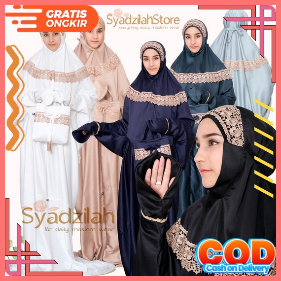 Leesy.Id - Mukena Dewasa Terusan Rayon Traveling Motif Rosiana - Hitam Mungkena Dewasa Bahan Adem Mu