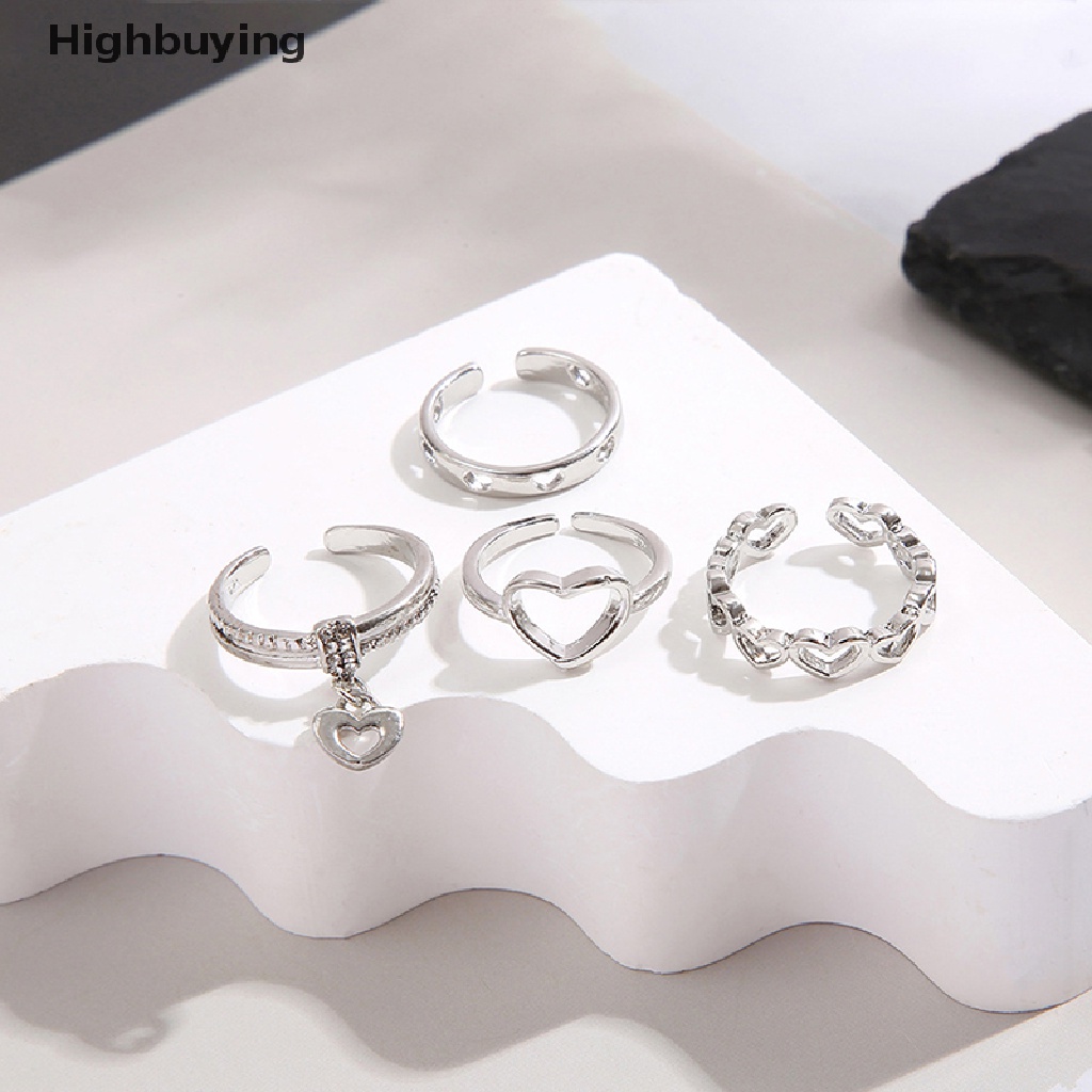 Hbid 4pcs/set Cincin Perak Romantis Hati Cinta Pembukaan Cincin Untuk Wanita Hadiah Pesta Pernikahan Fine Jewelry Glory