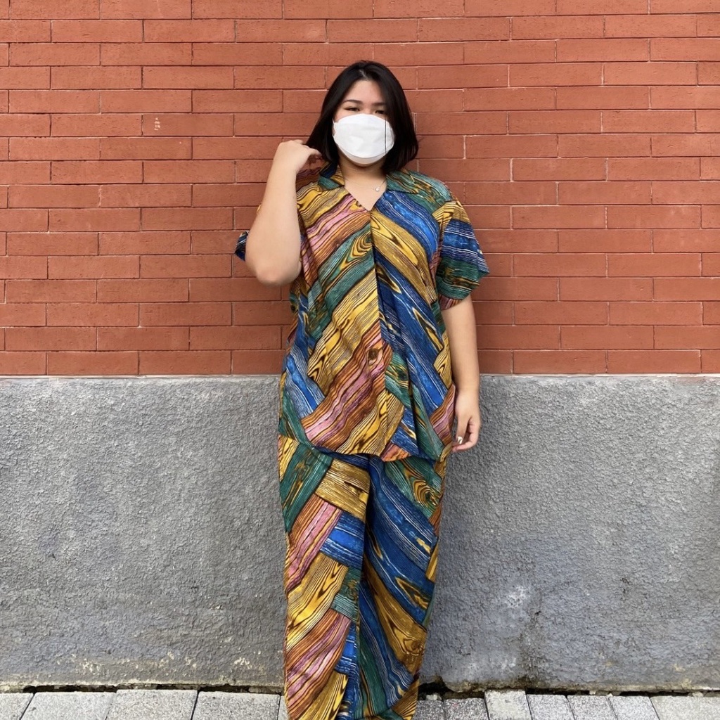 Gersik setelan piyama tanpa kancing motif serat kayu baru