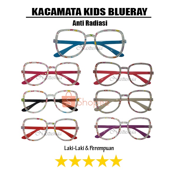 KACAMATA ANTI RADIASI ANAK PEREMPUAN BINGKAI MOTIF BUNGA KACAMATA FASHION ANAK LENSA BLUERAY FRAME SEGI LIMA CAT EYE WARNA-WARNI KEKINIAN LUCU NOCASE