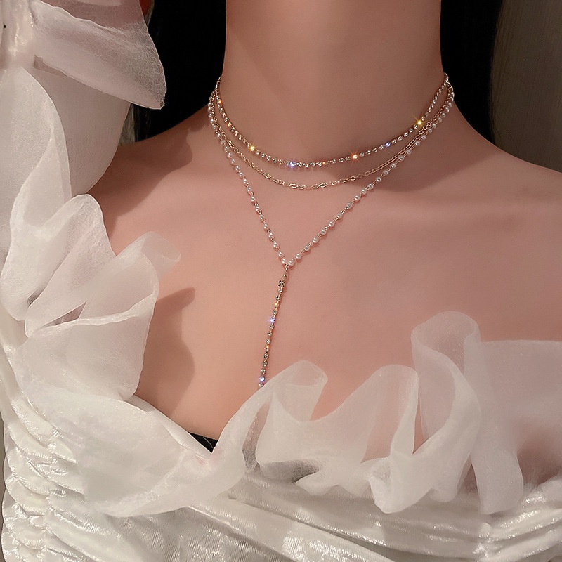 Kalung Multilayer Choker Rantai Kristal Mutiara Rumbai Emas Untuk Aksesoris Perhiasan Wanita