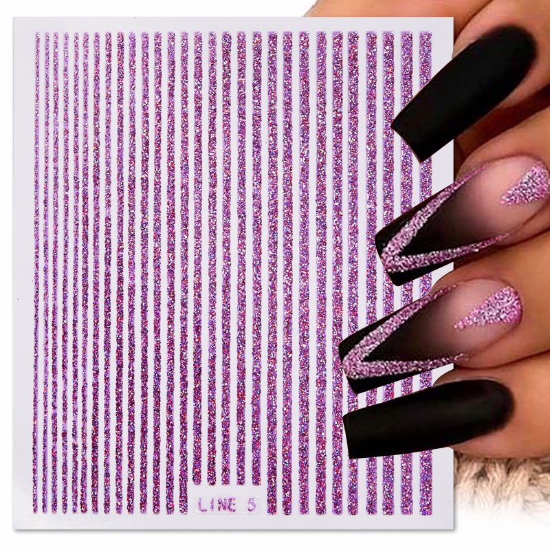 3d Garis Stiker Kuku Hologram Perak Rose Gold Logam Garis Huruf Decals Curve Gel Nails Art Sliders Manicure