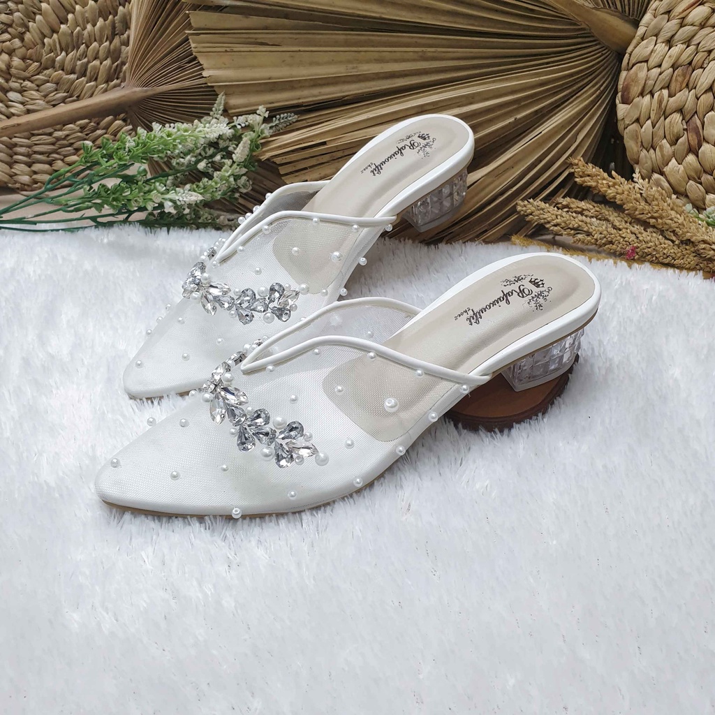Sepatu wedding pesta cantik Zafia putih transparant hak 3cm kaca