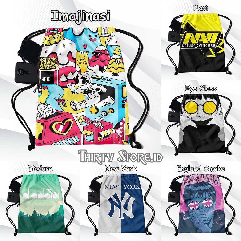 Tas Serut Full Print Stringbag Gendong Waterprouf Multifungsi Kanvas Tebal 2 Ruangan