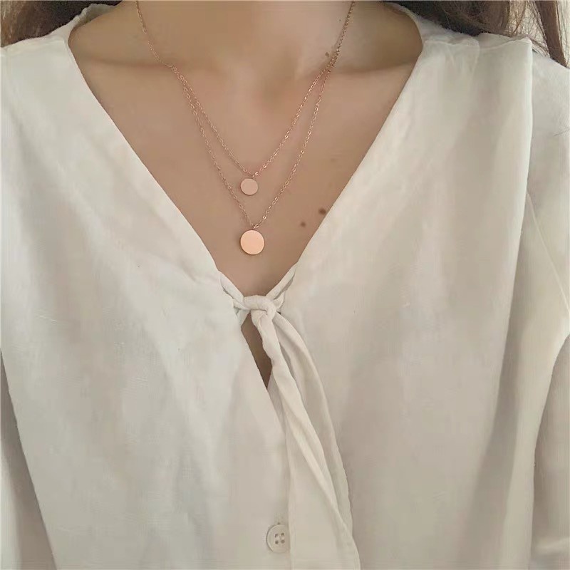 Kalung Bentuk Bulat Kecil | Kalung Rantai Dua Lapis Untuk Sweater | Emas 18k | Sendok Garpu Bahan Stainless Steel | Bahan Titanium Steel | Aksesoris Wanita