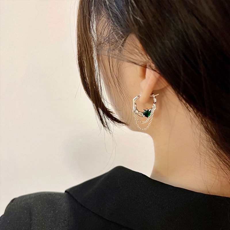 Emerald Zirconia Rantai Rumbai Thai Silver Ear Buckle Earrings Untuk Wanita Gadis Manis Fashion Retro Baru Perhiasan Hadiah Pesta