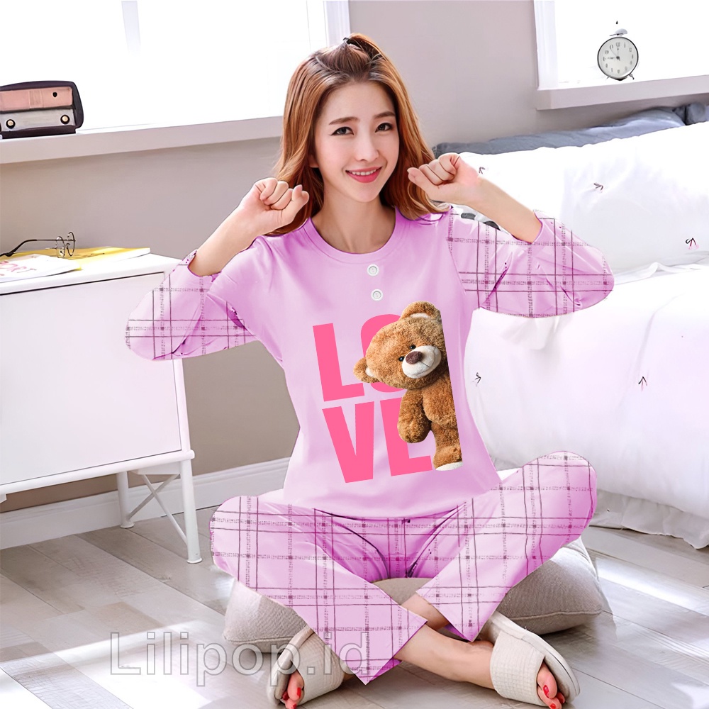 Sunchery Baju Tidur Wanita Love Bear Celana Panjang PP Allsize Lengan Panjang Baby Doll Bahan Kaos D