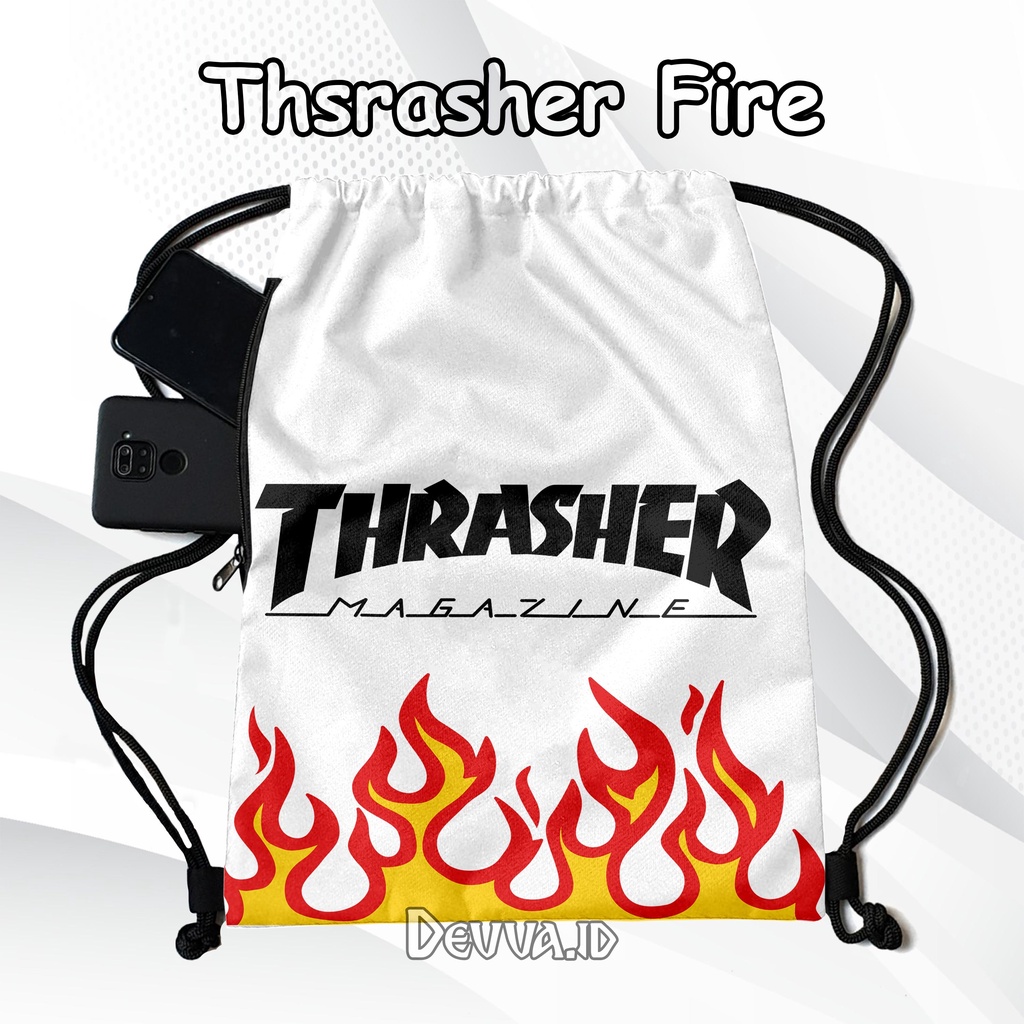 Tas Serut Anti Air String Bag Full Print Pria Dan Wanita Motif Thrasher Fire Tas Sekolah Tas Olahraga