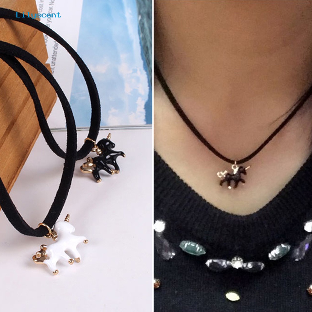 [LS] Fashion Hitam Kulit Imitasi Kuda Unicorn Pesona Kalung Rantai Wanita Perhiasan