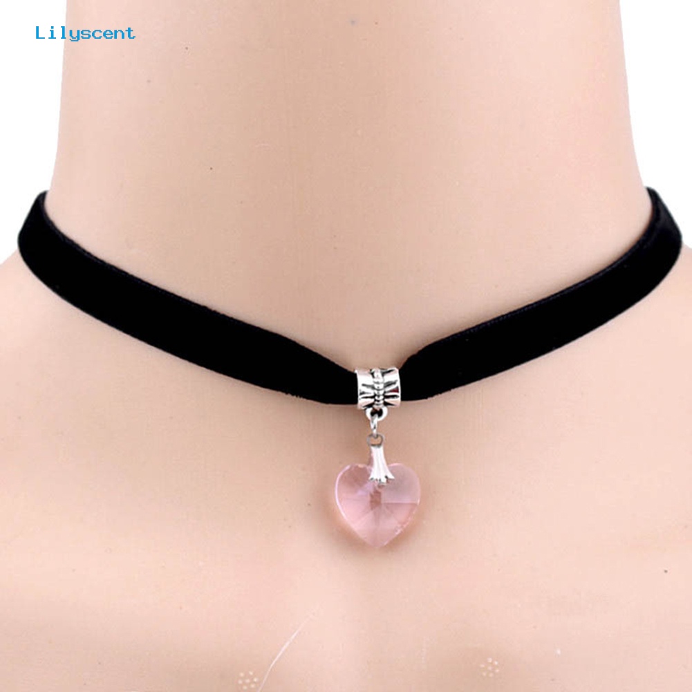 [LS] Wanita Gothic Hati Berlian Imitasi Liontin Beludru Choker Pendek Kalung Perhiasan Hadiah