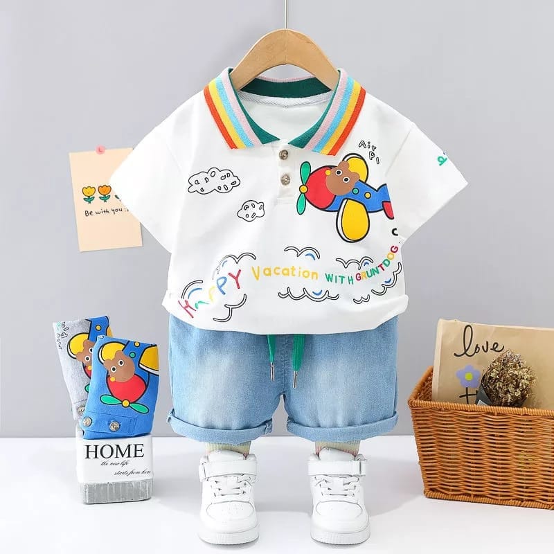 SETELAN ANAK BAJU ANAK SETELAN POLO DINO DENIM JEANS UMUR 1-5 TAHUN