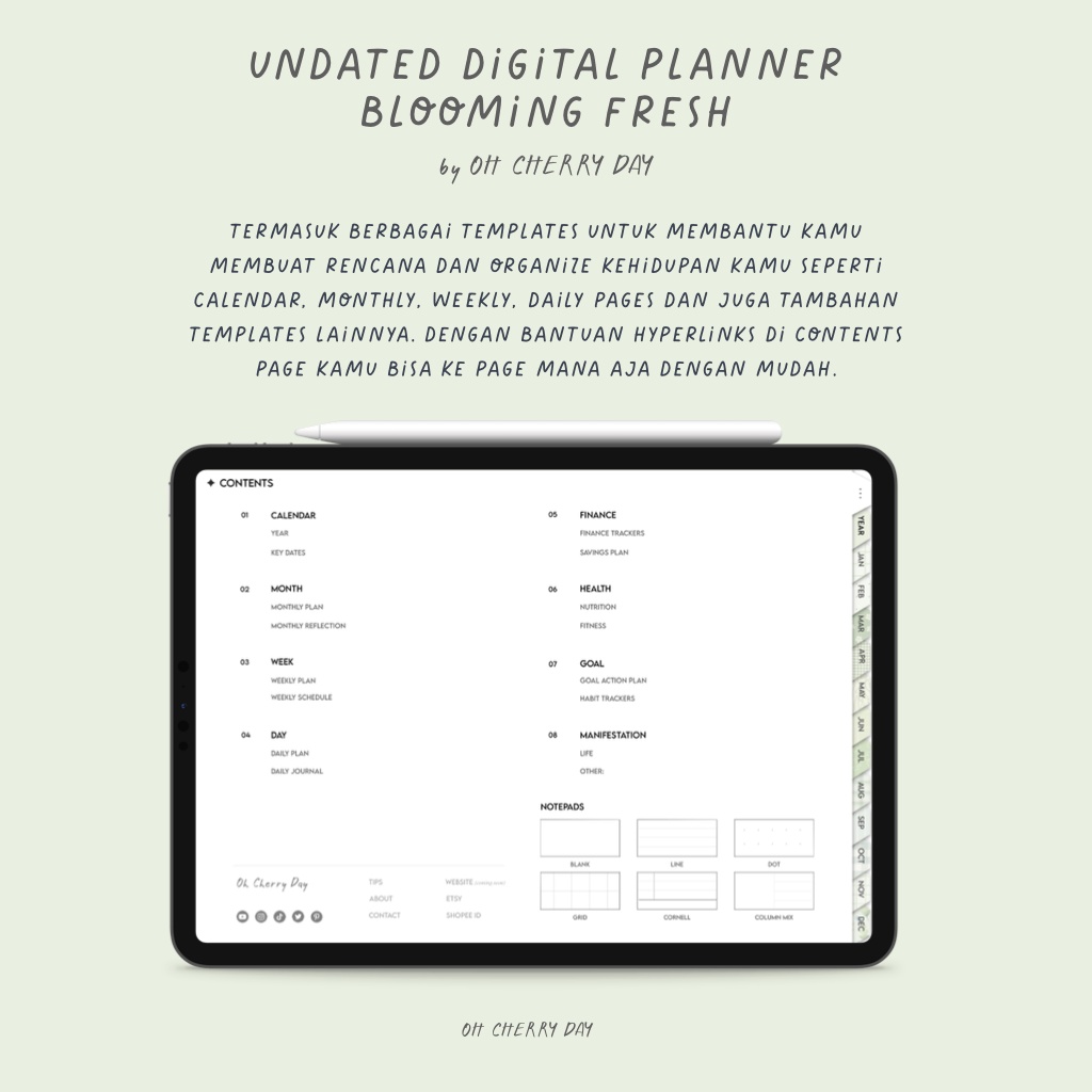 Undated Green Digital Planner untuk iPad/Tablet Digital Bujo Bullet Journal Notebook Cute Minimalist Planner Digital Stickers - Blooming Fresh