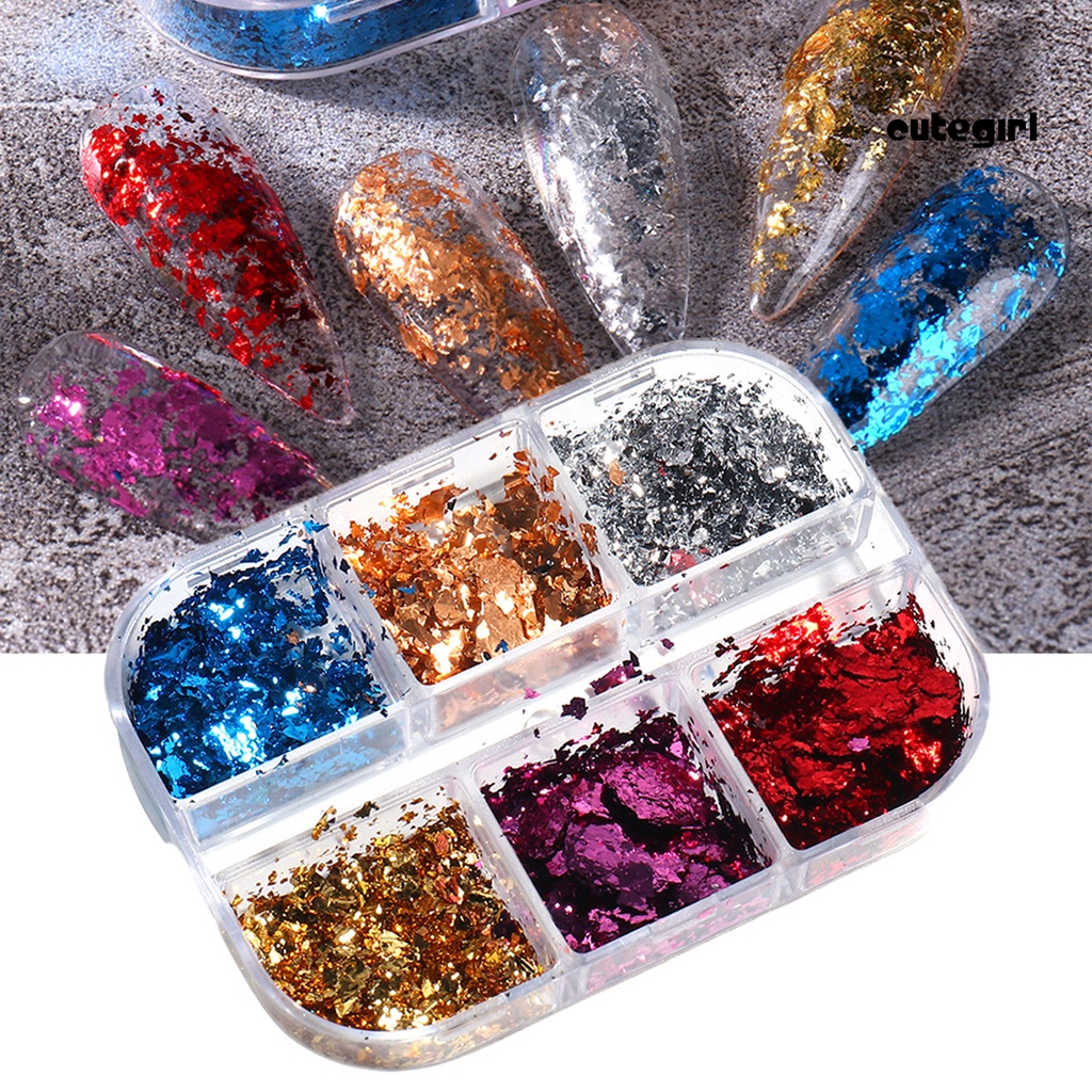 1 Kotak Stiker Nail Foil 6 Sekat Warna Motif Tekstur Berkilau Untuk Dekorasi Nail Art / Manicure