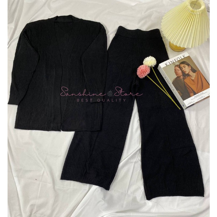 One Set Setelan Wanita Rok Dan Kulot Cardigan Sweater Rajut Warna Hitam