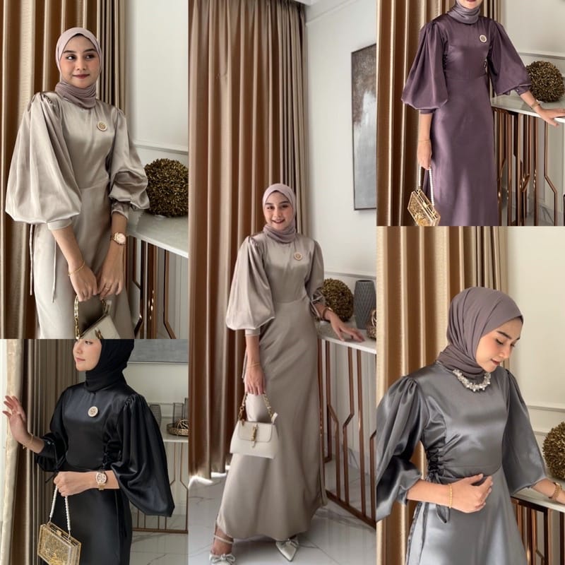 Jessica Gamis Terbaru Tali Serut Satin Silk Dress Panjang Lengan Balon Fashion Muslim Kekinian