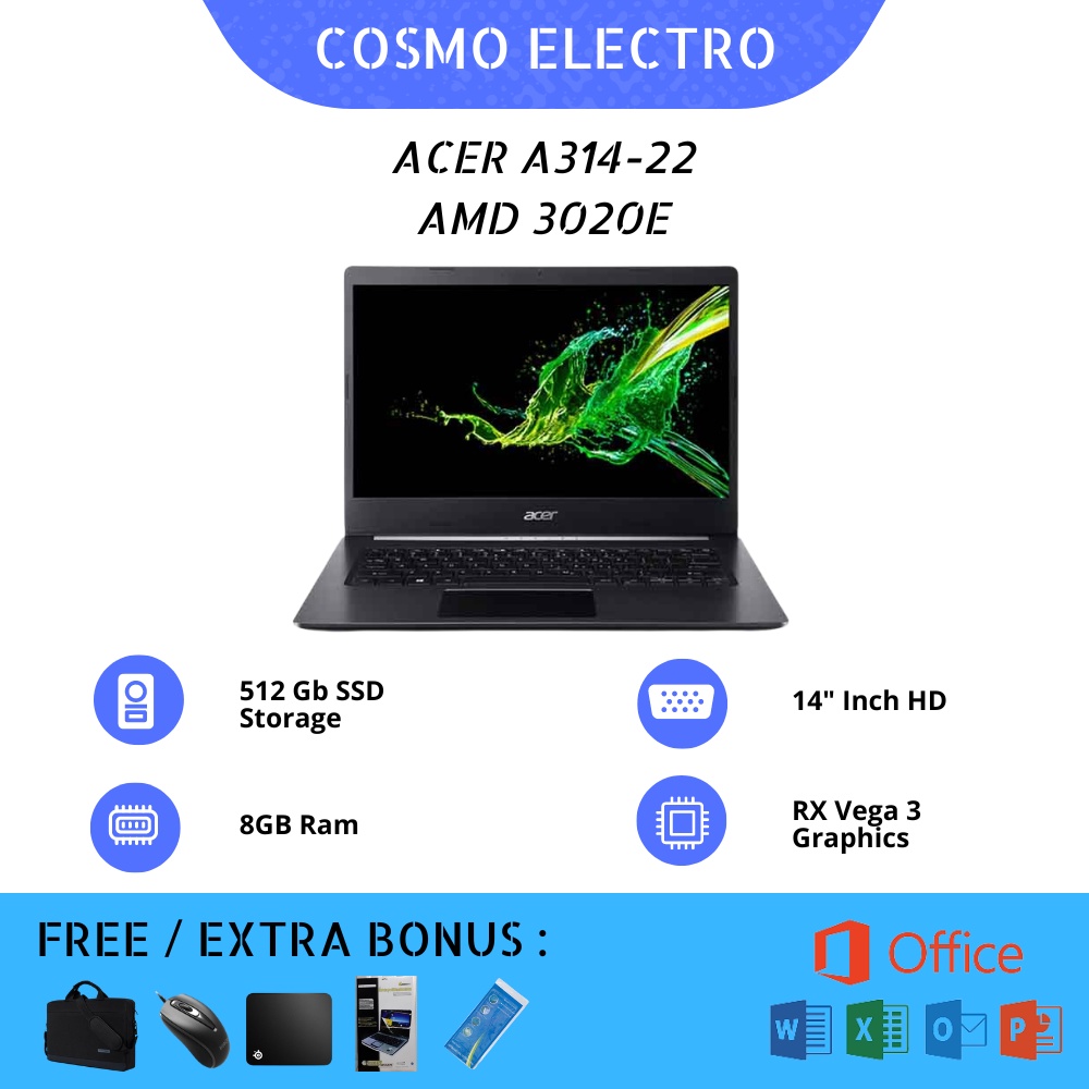 ACER ASPIRE 3 A314-22 AMD 3020E | 8GB RAM 512GB SSD | 14 INCH WINDOWS 11 + OFFICE | BONUS TAS LAPTOP