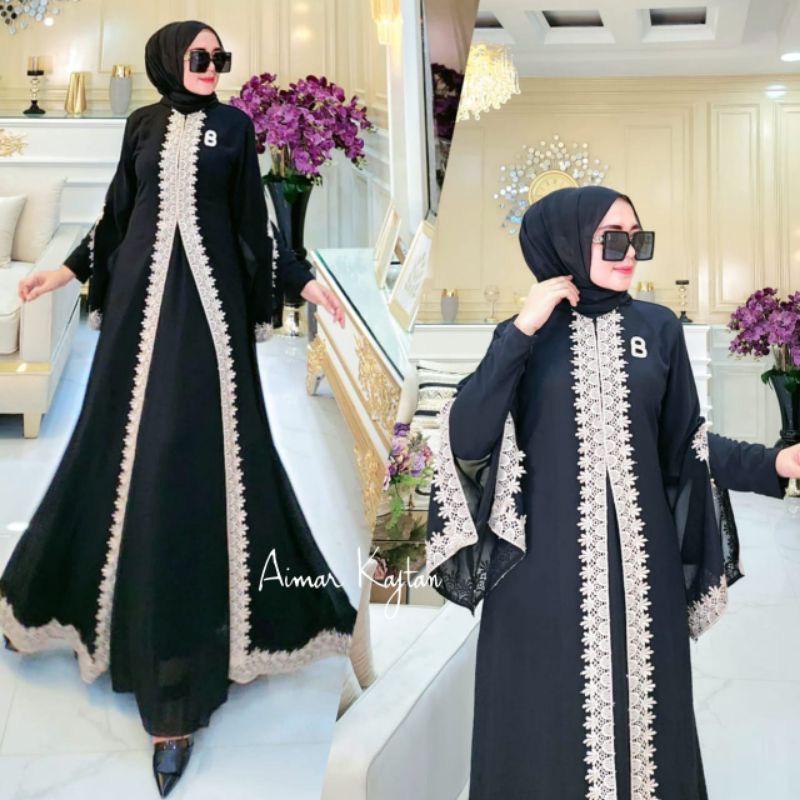 Busana Muslim Wanita Terbaru Gamis Putih Jumbo Aimar Kaftan Dress Lebaran Crinkle AirFlow Aksen Renda Baju Kondangan Gaun Pesta