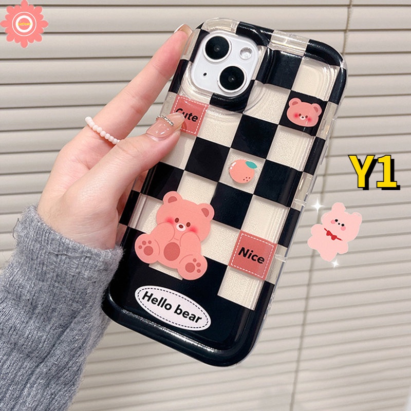 Vivo Y17 Y15 Y35 Y16 Y02S V25E V25 Y02 Y15A Y91 Y12i Y22 Y12 Y11 Y21 Y01 Y15s Y20 Y22s Y33s Y30 Y20i Y21s Y12s Y93 Y95 Y91C Y50 Checkerboard Cute Bear Rabbit Shockproof Airbag Case