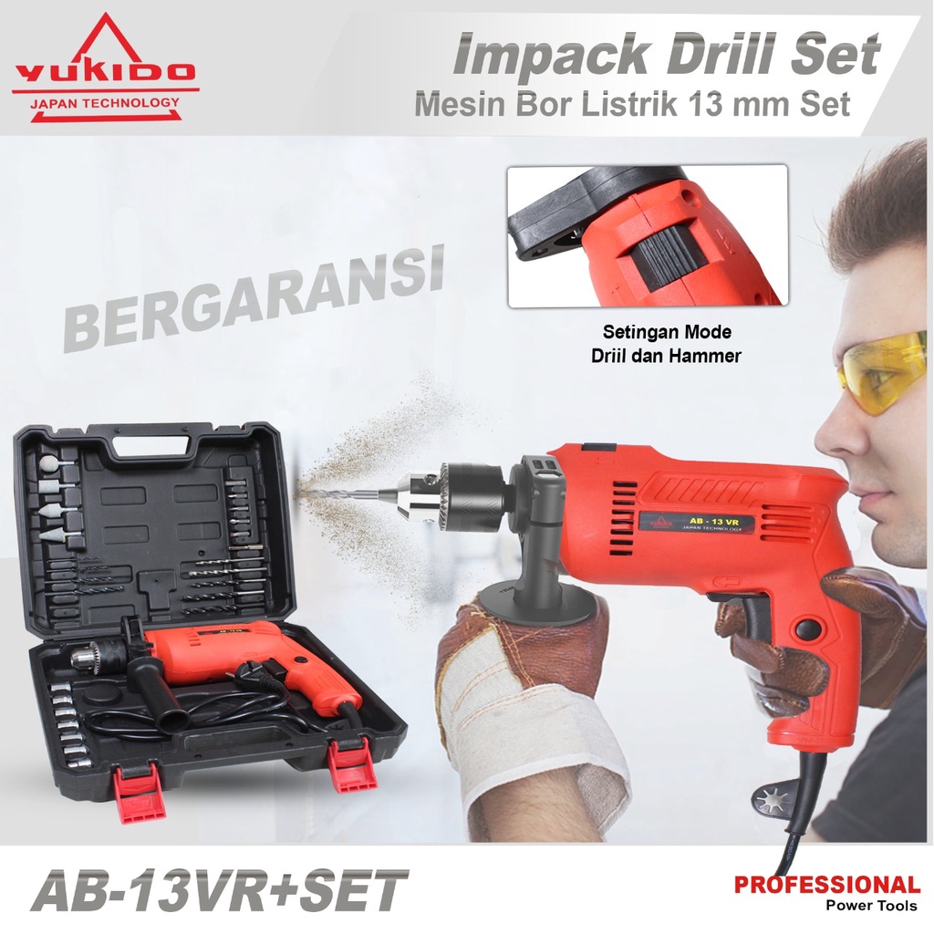 BISMILLAH YUKIDO AB-13VR+SET Mesin Bor Beton Koper 13mm Set - Bor Tembok Impact Drill Listrik