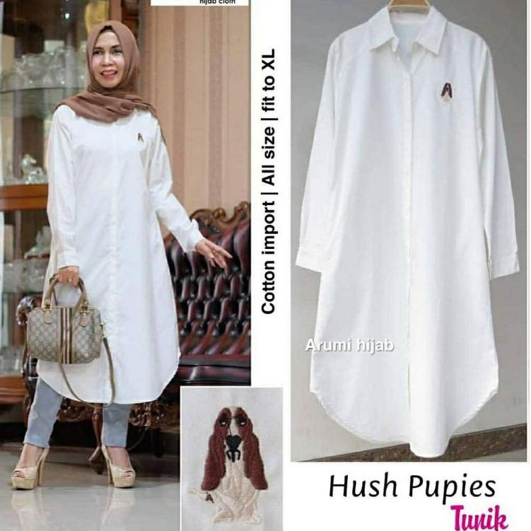 TERBARU Hush Pupies Tunik putih tunik polos long tunik muslim tunik wanita tunik jumbo tunik katun i